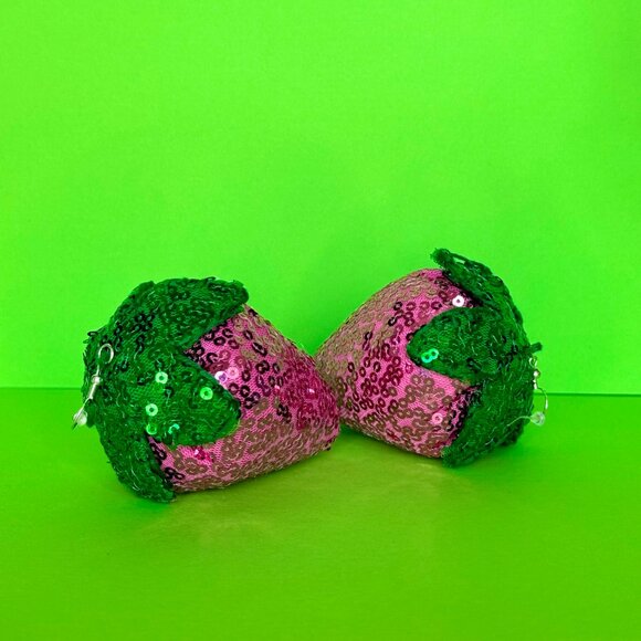 DiscoFruits Plush Sparkly Sequin Statement Disco Strawberry Earrings Pink Green - Picture 3 of 5